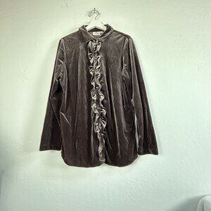 Hot Cotton Womens Large Brown Velvet Ruffled Button-Up Long Sleeve Shirt Casual